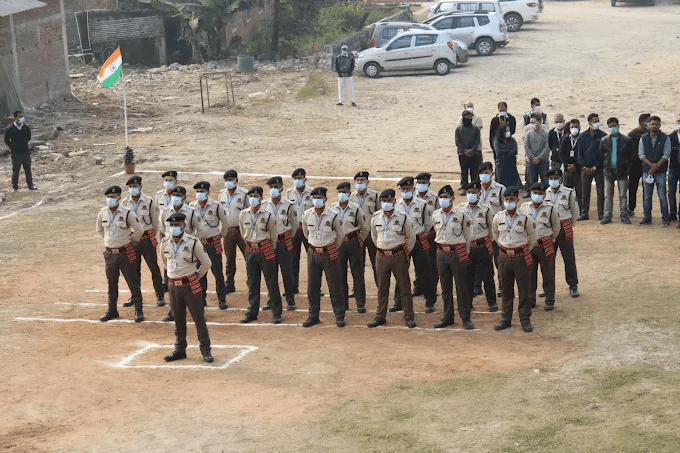 Security personnel in disciplined formation during ceremonial parade